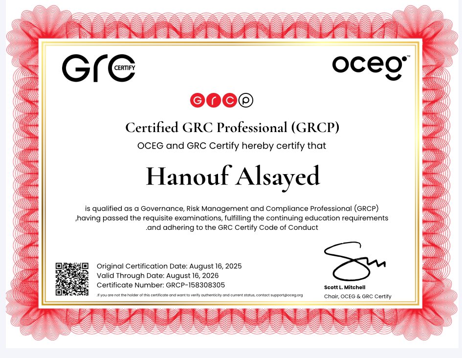 حرصًا على تطويري المهني حصلت على شهادة محترف الحوكمة والمخاطر والإمتثال (GRCP) تعتبر هذه الشهادة خطوة انتقالية في مسيرتي المهنية لإتاحتها مجالات اوسع في ممارسات القانون و ستكون أداة فعالة لتعزيز الكفاءة وتحقيق أهداف المؤسسات بمعايير عالية
#GRCP #الحوكمة #إدارة_المخاطر #الامتثال