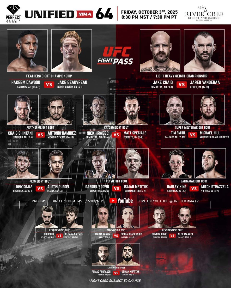 ❗ It's Fight Night at River Cree Resort ❗

The star-studded #Unified64 goes down tonight!!

Doors: 5:45 PM
Prelims: 6 PM
Main Card: 8 PM

🔔TICKETS ➡️ ticketmaster.ca/event/110062FE…

18+  event