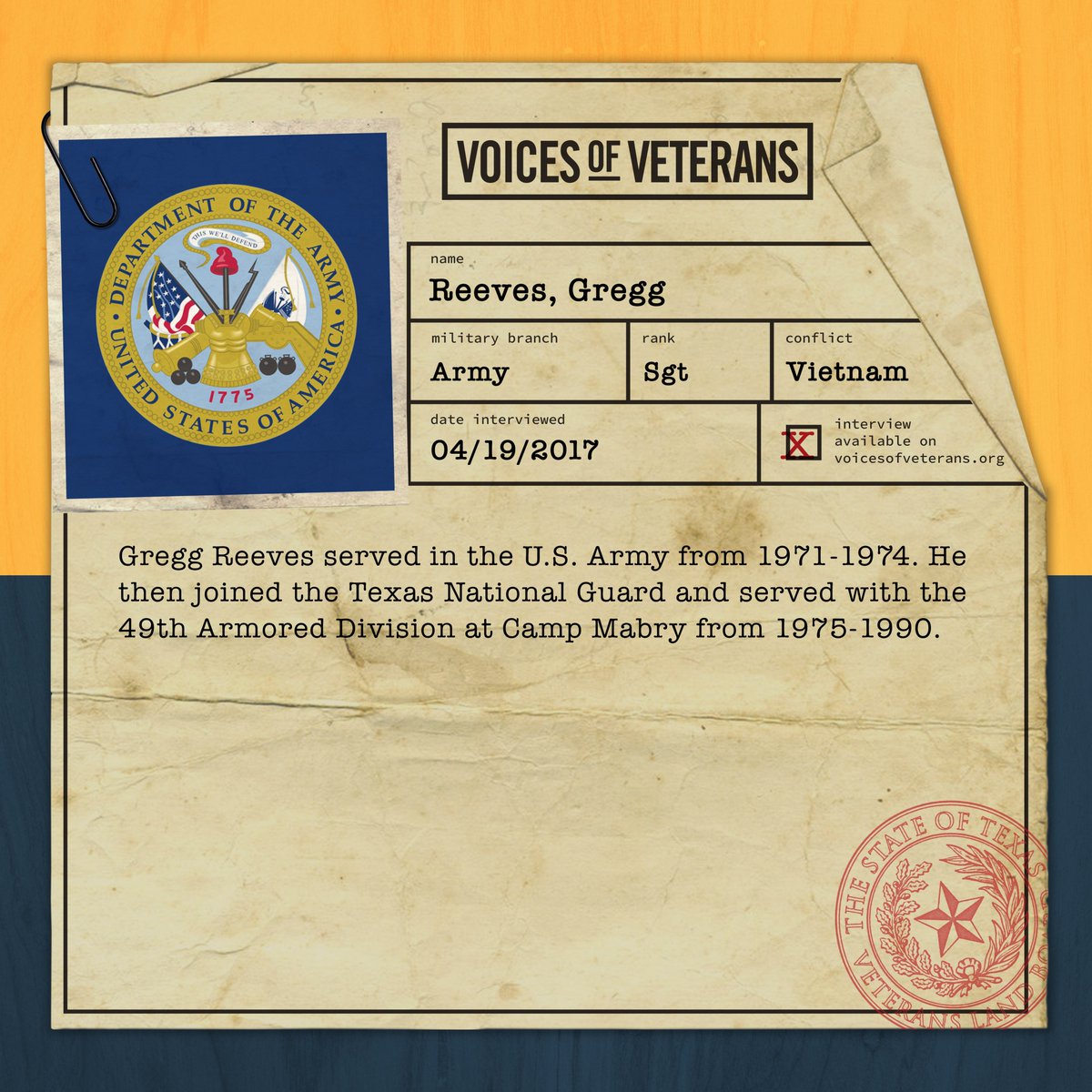 VoiceOfVeterans's tweet photo. VLB Chairwoman Dawn Buckingham, M.D., is proud to introduce the next installment of the series highlighting @TexasVLB's Voices of Veterans Program.

This week, we highlight the service of Sergeant (Sgt.) Gregg Reeves.

Listen to his story here: https://t.co/bpxKp0vZIE https://t.co/NpBVh2Bsb8