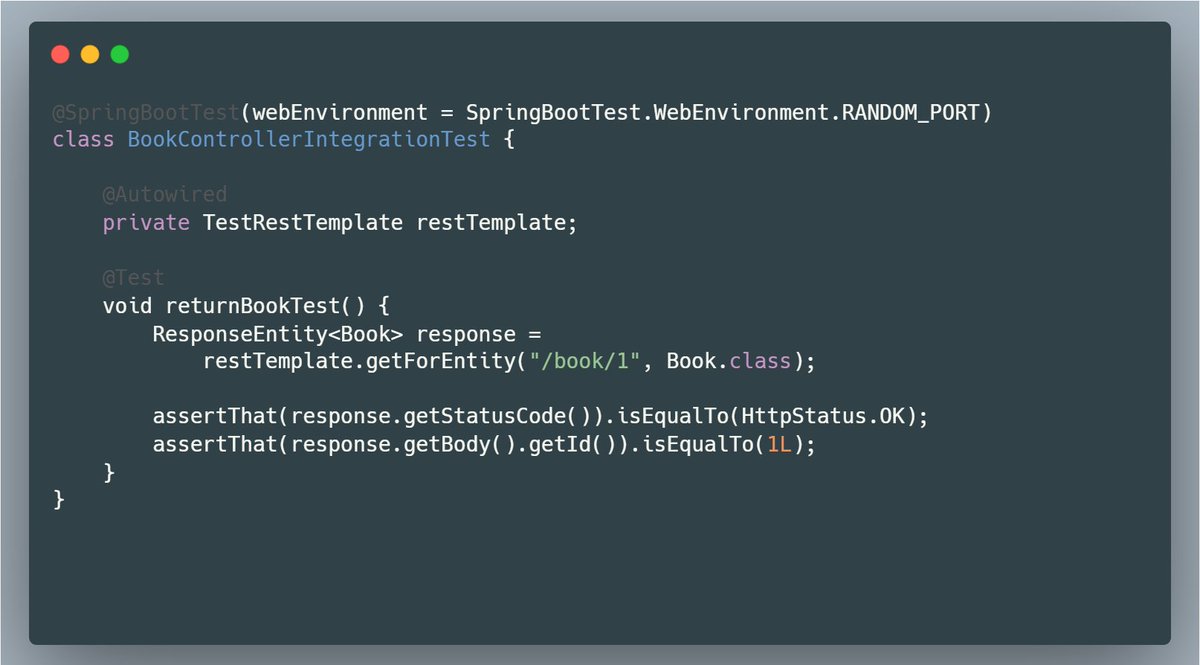 mario_casari's tweet image. 💡 Spring Boot tip: Use @SpringBootTest(webEnvironment = RANDOM_PORT) for integration tests when testing controllers.
✅ Starts a real embedded server
✅ Uses a random port.
✅ You can test controllers via TestRestTemplate or WebTestClient.
#SpringBoot