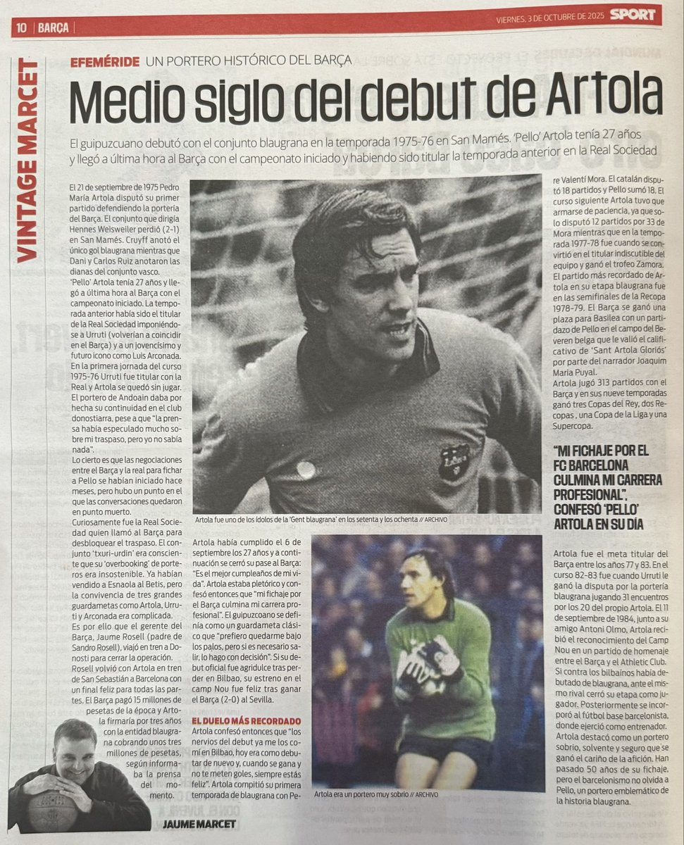Medio siglo del fichaje de “Pello” Artola por el <a href="/FCBarcelona_cat/">FC Barcelona</a>. El vasco estuvo 9 años con los azulgranas, jugó 313 partidos y ganó 3 Copas, 2 Recopas, una Copa de la Liga y una Supercopa. Llamado por la española sin debutar. Léelo en <a href="/sport/">Diario SPORT</a>. Escrito por <a href="/jaumemarcet/">Jaume Marcet</a>