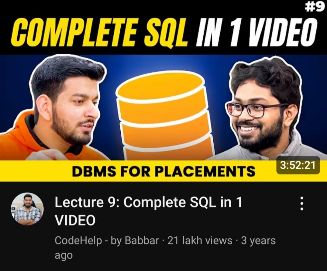 AmanSharma_554's tweet image. Best playlist of SQL for placements 🫶