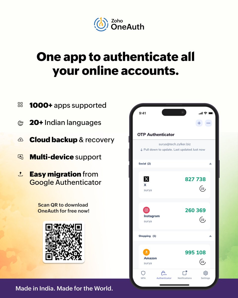 ZohoOneAuth's tweet image. 🙏Thank you 🇮🇳 for all the love for @Arattai !

📱If you loved our chat app, you should explore India&apos;s own Two-Factor Authenticator (TFA) app- #ZohoOneAuth

🛡️Get TFA cover for all your online accounts today.

Download OneAuth now! zoho.to/ZOA0310