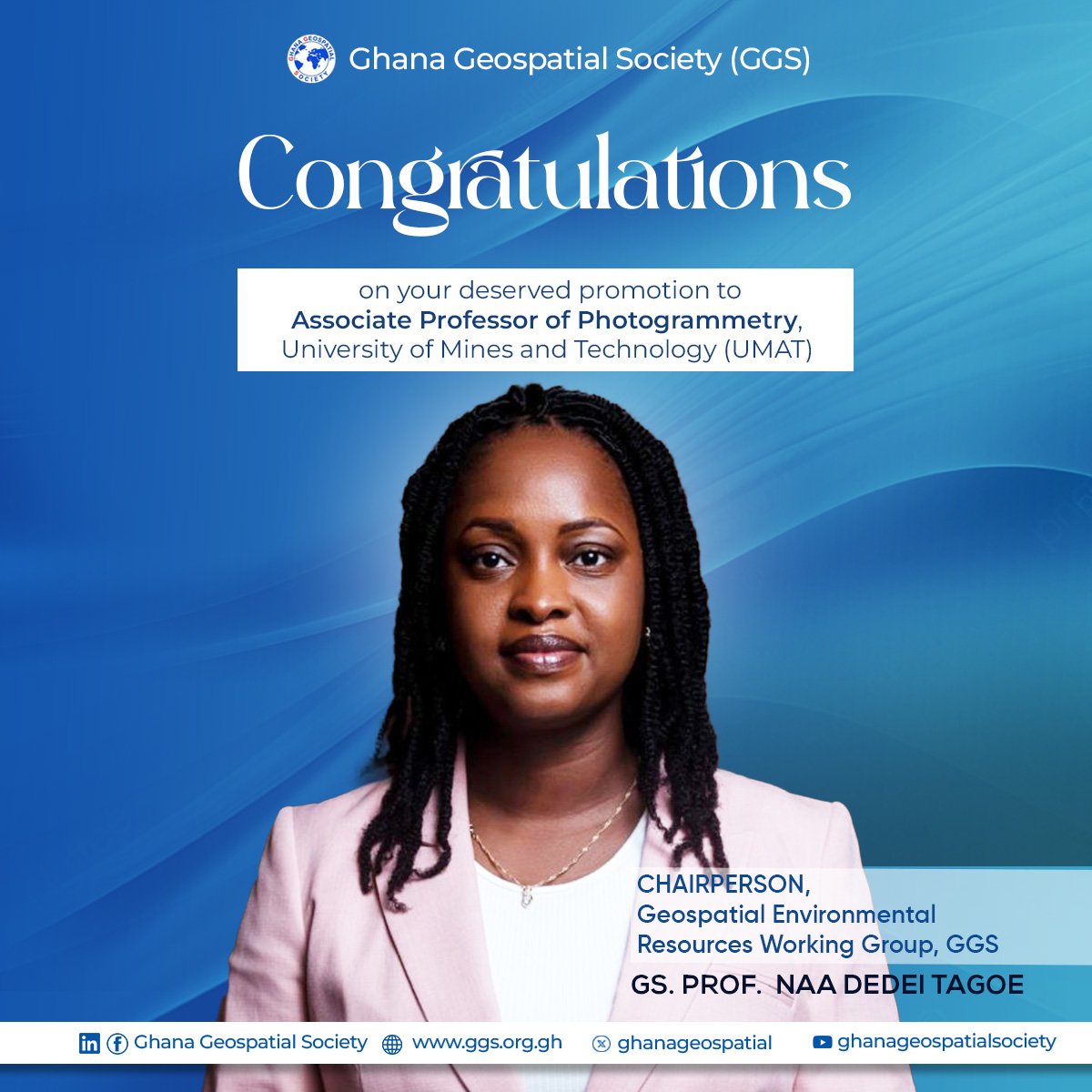 GhanaGeospatial's tweet photo. We proudly congratulate Prof. Naa Dedei Tagoe on her well-earned promotion to Associate Professor of Photogrammetry at the University of Mines and Technology, Tarkwa (UMaT). https://t.co/u8082ur4QL