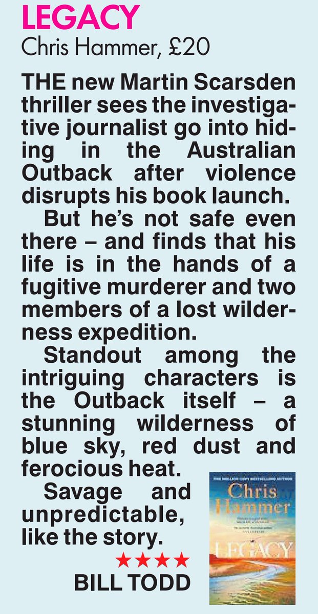 Hot climate. Hot thriller. Here's my review of Chris Hammer’s LEGACY in <a href="/natashahwrites/">natashahardingwrites</a>'s #sunbookscolumn today - #CrimeFiction #crime #thriller #MYSTERY #fiction #books #reviews #bookreviews #fridayreads #outback