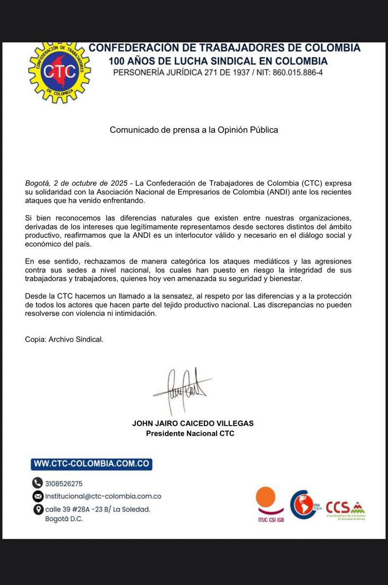 Reconocemos y agradecemos muy especialmente el apoyo y la Solidaridad de los trabajadores y sindicato Colombianos unidos en la Confederación de Trabajadores de Colombia  -CTC- <a href="/ctccolombia/">Confederación de Trabajadores de Colombia CTC</a> Hacia la <a href="/ANDI_Colombia/">ANDI</a>  ante el hostigamiento y asedio que se ha lanzado contra la