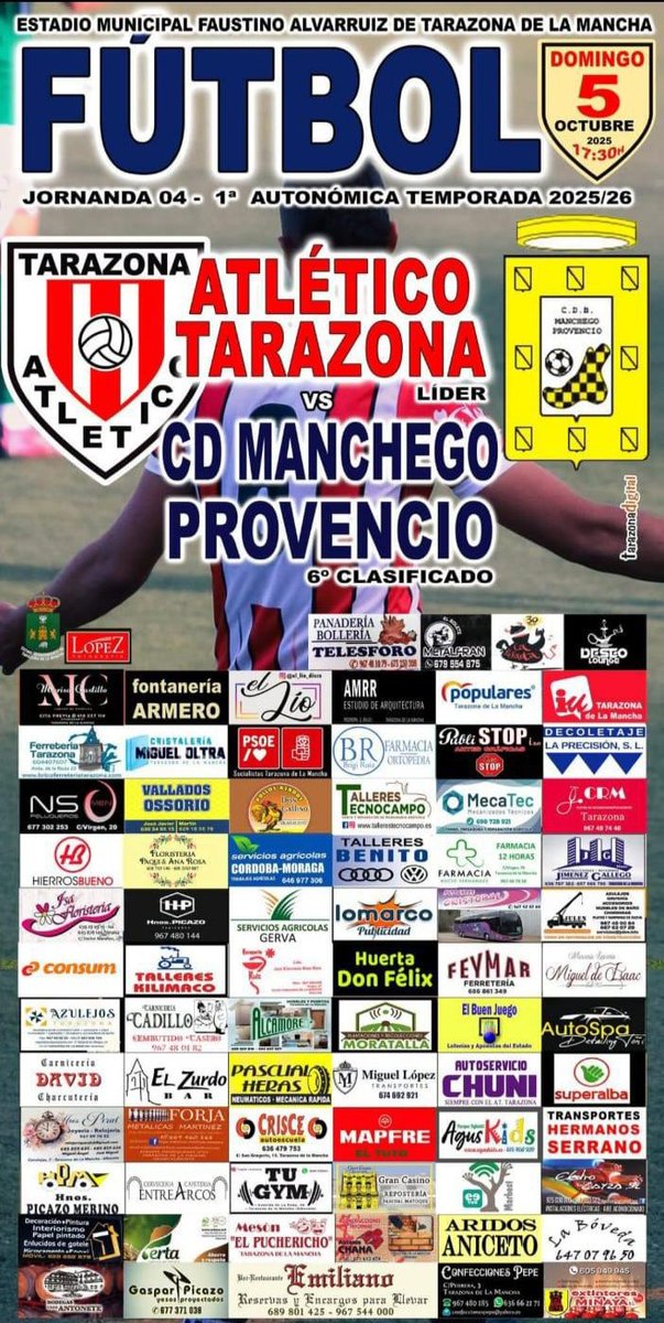 Cuarta jornada de liga.
El domingo a las 17:30, visitamos el Faustino Alvarruiz,para medirnos al líder de la liga el Atlético Tarazona.
Partido complicado y más fuera de casa,pero donde esperamos traernos algo positivo.
AÚPA MANCHEGO!!
💛🖤