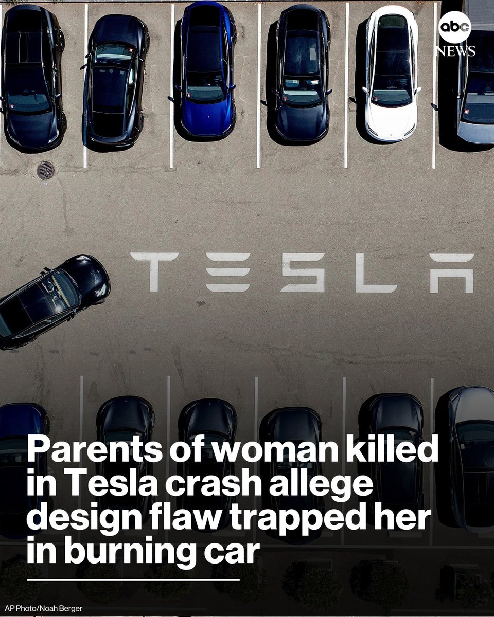 ABC's tweet photo. The parents of a college student killed in a Tesla crash say she was trapped in the car as it burst into flames because of a design flaw that made it nearly impossible for her to open the door, according to a lawsuit filed Thursday.

Read more: https://t.co/cgbGsc3AY0 https://t.co/1F4E4uiKnQ