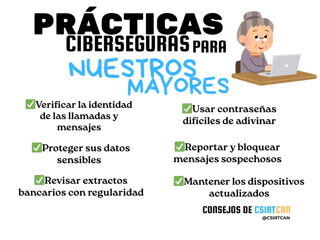 👵Las personas mayores son el segmento de la población MÁS afectado por la ciberdelicuencia.
👉Aquí te dejamos unos consejos de prácticas seguras.
👉Sigue a <a href="/CSIRTCAN/">CSIRT-CAN</a> para más consejos

#Ciberseguridad #PersonasMayores #Estafas