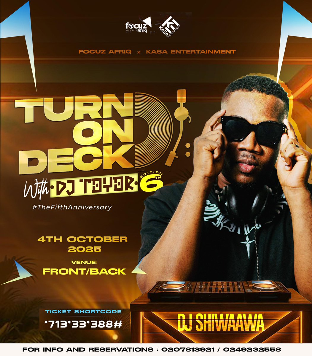 lee_adjoa's tweet photo. The decks are turning 5! Be at Front/Back on October 4th and party with DJ Toyor as he celebrates his 5th anniversary in style 🎉💃 Hurry, tickets are moving fast! #TurnOnDeck  #TheFifthAnniversary https://t.co/noXienXfEb