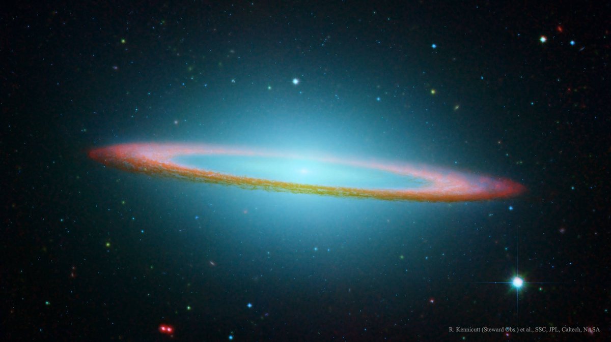 Esta es una de las galaxias más populares del firmamento: la galaxia del Sombrero. Sin embargo, aquí la vemos de una manera diferente, en el espectro infrarrojo, con la ayuda del telescopio Spitzer. La galaxia mide 50 000 años luz y está a 28 millones de años luz de la Vía