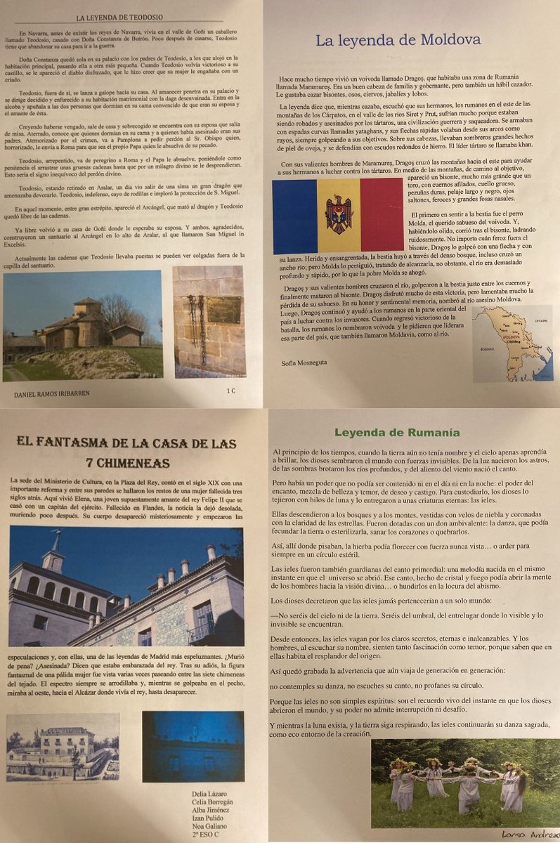 El alumnado de 1° ESO A y C y 2° ESO B y C ha investigado y compartido leyendas de sus pueblos y lugares de origen. Tras leerlas en clase, diseñaron la portada para el libro que las reúne.
Os dejamos una pequeña selección para que podáis disfrutarlas y seguir este proyecto 👀