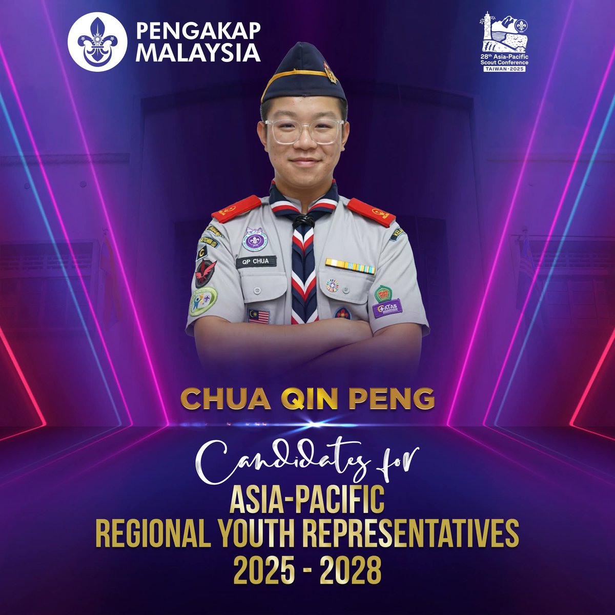 Pengakap Malaysia dengan bangganya memperkenalkan calon, Chua Qin Peng yang akan bertanding sebagai Regional Youth Representative (RYR) sewaktu Asia-Pasific Scout Youth Forum 2025 di Taipei, Taiwan pada 6hb hingga 9hb October 2025.