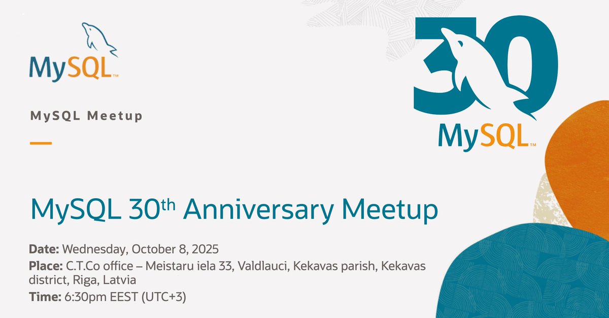 MySQL's tweet image. ℹ️ Join us for the “MySQL 30th anniversary” Meetup organized by DevClub lv, Riga, Latvia next week with Vittorio Cioe talking about “The full stack approach: Supercharge your apps with MySQL, JavaScript and REST APIs… all in one!”
#MySQLCommunity
social.ora.cl/6012AYnEK