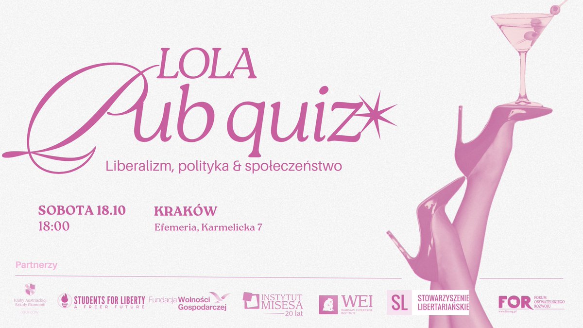 🤝 Jako partnerzy wydarzenia zapraszamy na Pub Quiz: Liberalizm, Polityka &amp; Społeczeństwo w Krakowie!

To będzie świetna okazja, żeby sprawdzić swoją wiedzę, spotkać się w luźnej atmosferze i wspólnie świętować start krakowskiego oddziału <a href="/LOLA_Poland_/">Ladies of Liberty Alliance Poland</a>.
📅 sobota, 18 października