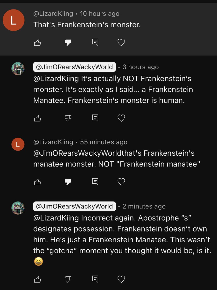 jimorear's tweet image. I don’t understand why people online think they have to be dicks… which makes me an even bigger one. Regarding my “Frankenstein Manatee” post yesterday… here’s a response I got from someone who thought they needed to correct something I said.
#frankenstein #manatee #monsters