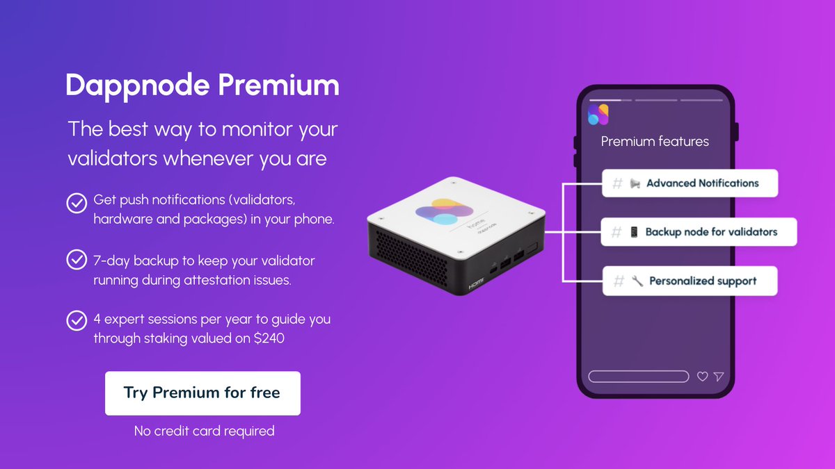 dappnode's tweet image. 🚀 Running validators in @ethereum, @gnosischain, @lukso_io or @aztecnetwork?
Are you using @LidoFinance CSM, @Obol_Collective, @ssv_network, @RocketPool_Fi, @hoprnet, @ShutterNetwork or @alephium?🤩
In Dappnode you can do all of this! 🚀
And now with Dappnode Premium, you can…