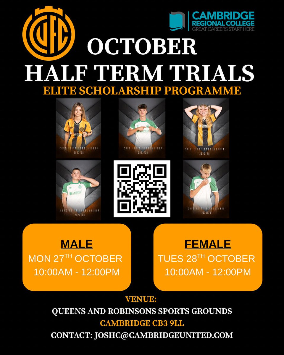 CrcCufc's tweet image. OCTOBER HALF TERM!

Males - Year 11 only 
Females - Year 10 &amp;amp; 11 

1. Click link in bio or scan QR code 
2. Fill out submissions form
3. Receive email to confirm place and more details