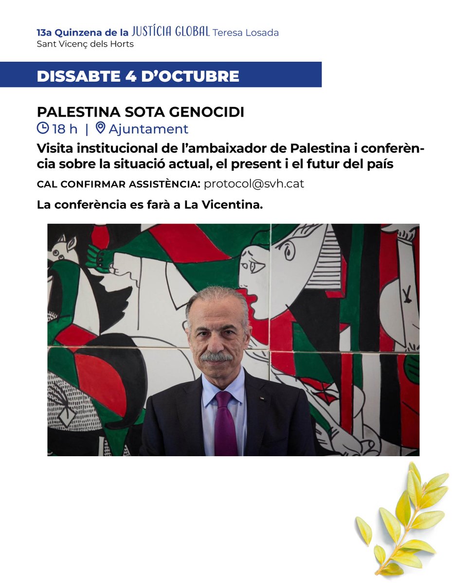 🇵🇸Sant Vicenç dels Horts rebrà dissabte l’ambaixador de Palestina a Espanya en el marc de la Quinzena de la Justícia Global Teresa Losada 🔉radiosvh.info/programs/infor…