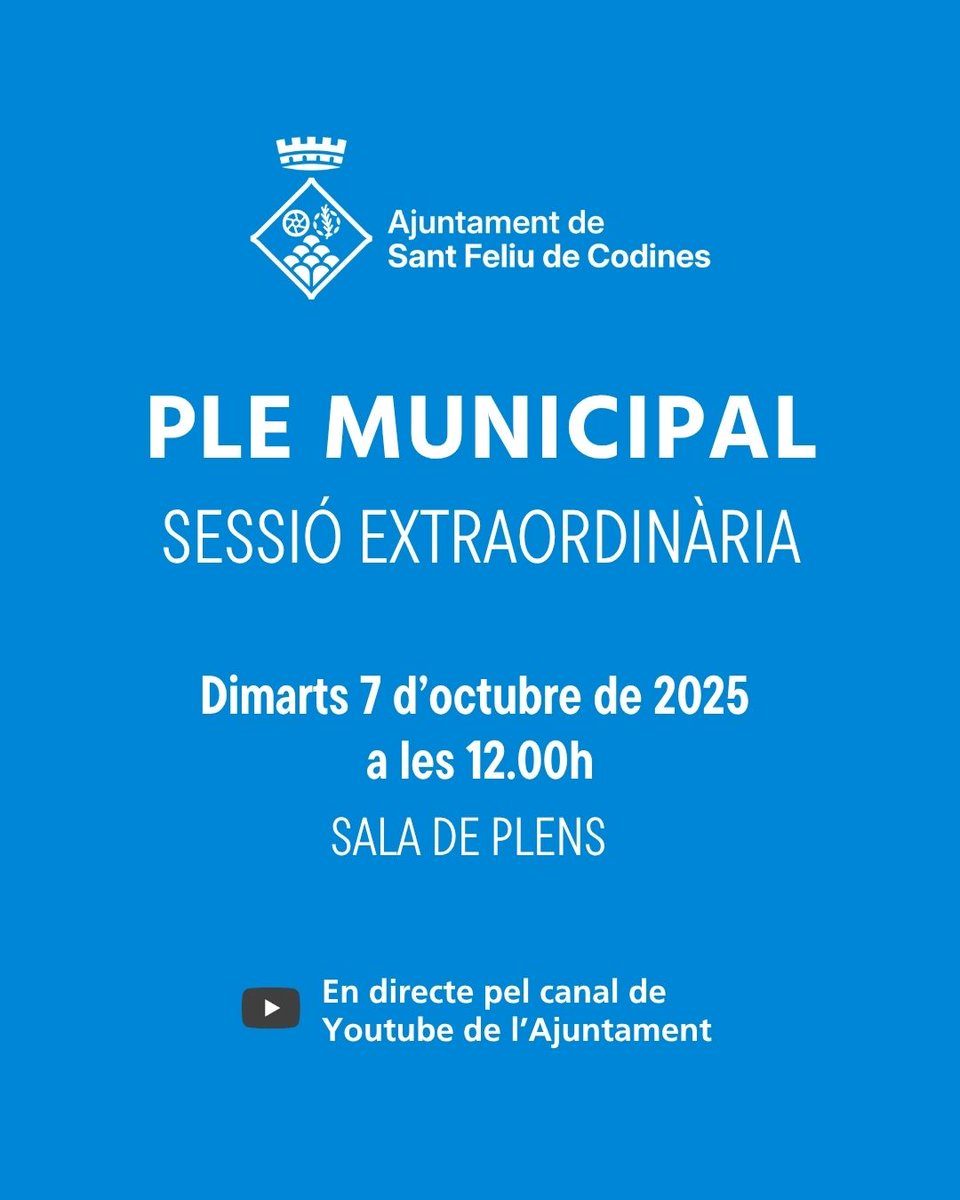 AjSFCodines's tweet photo. 🏛 #PleSantFeliudeCodines | Ple municipal - Sessió extraordinària
 
🗓 Dimarts 7 d'octubre
🕧 A les 12.00h
📍 Sala de Plens de l'Ajuntament
 
📲 Es podrà seguir en directe al Canal de Youtube #canalcodinenc a https://t.co/omyHRXBHo5 
 
Ordre el dia 👇 https://t.co/hIh4XHvE9z