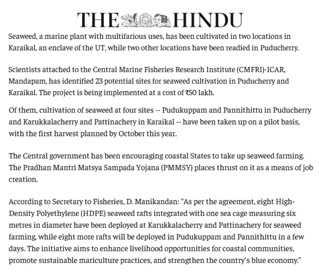 FisheriesGoI's tweet image. First Seaweed Harvest in Puducherry UT!

After 45 days of tireless effort, Fisherwomen Cooperative Society have successfully harvested #seaweed in the pilot project. The second cycle is already underway. The Society has thanked Government of India for support and guidance.
READ-