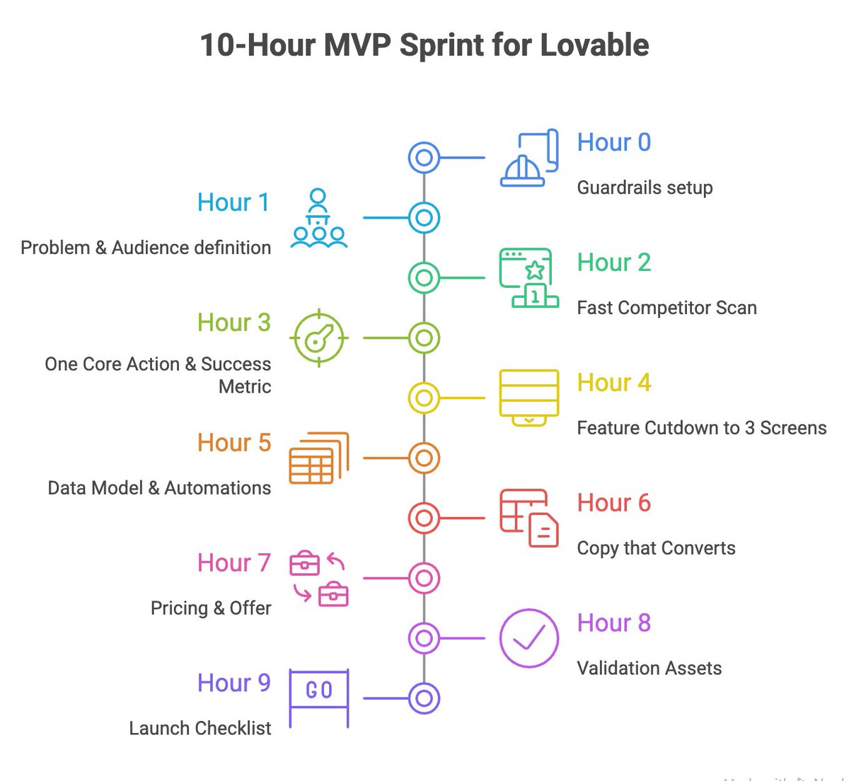 10-Hour MVP Sprint (<a href="/lovable_dev/">Lovable</a> ) — Prompt Cheatsheet

Goal: ship a testable MVP + waitlist + first users in 10 hours.
Rule: cut everything that doesn’t change learning in 7 days.