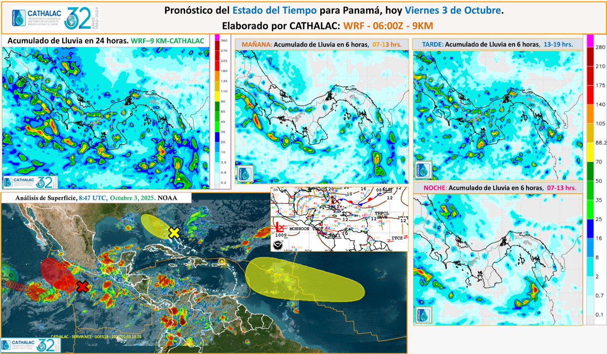 El pronóstico de lluvia para hoy viernes 3 de octubre de 2025 en Panamá destaca lluvias abundantes, dispersas y con posible desarrollo de tormentas eléctricas, especialmente por la influencia de la vaguada monzónica del Pacífico oriental y el débil gradiente de presión sobre la