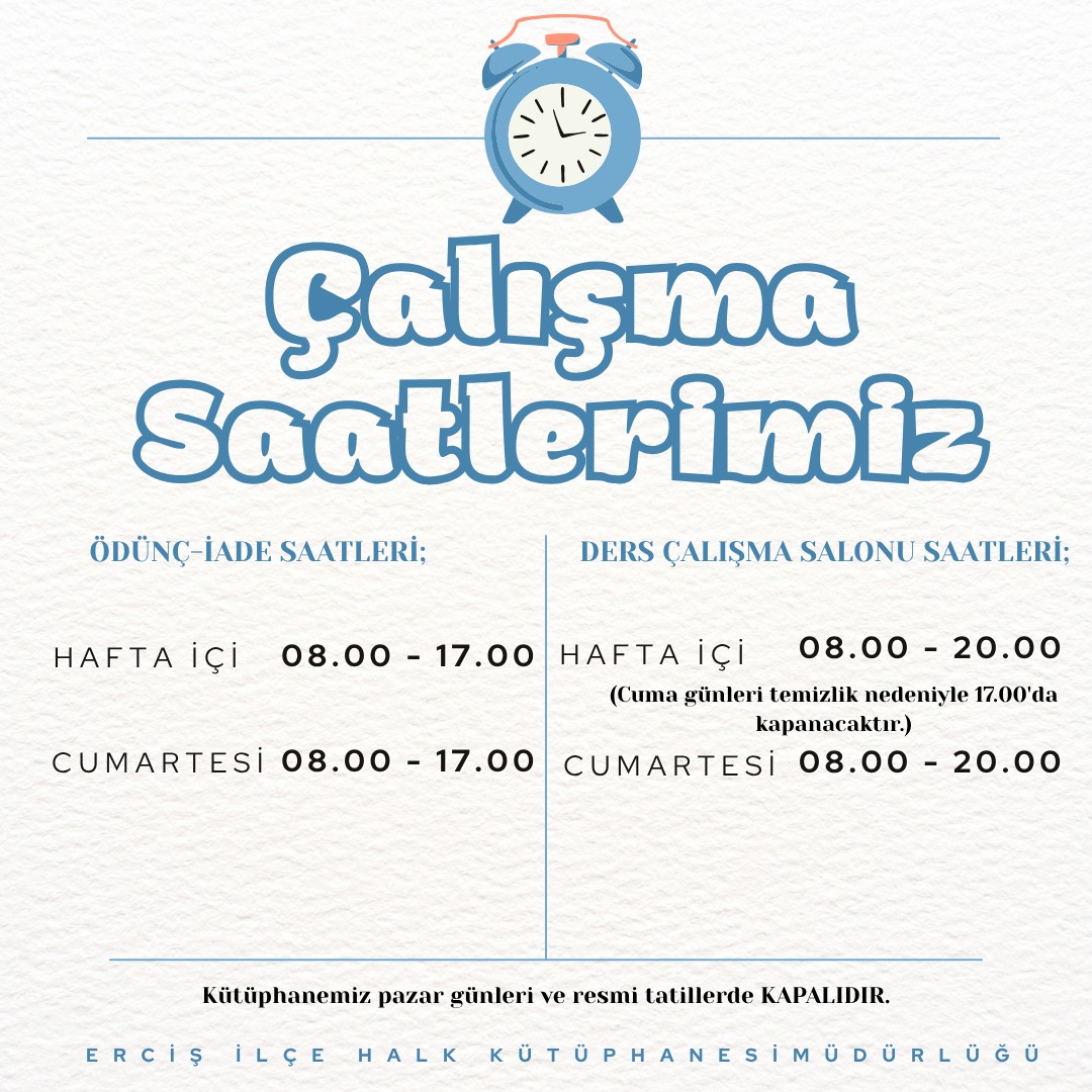 📢📢 Önemli Duyuru 📢📢

Yeni Çalışma Saatlerimiz
Erciş İlçe Halk Kütüphanesi Müdürlüğü