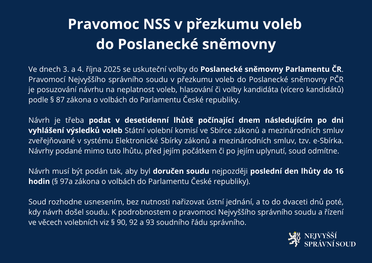 Víte, že volební senát NSS má pravomoc přezkoumávat volby do Poslanecké sněmovny? Jak má vypadat návrh a jaká je lhůta pro jeho podání? #TiskováZpráva (bit.ly/4gSqEqB) prozradí odpovědi nejen na uvedené otázky.