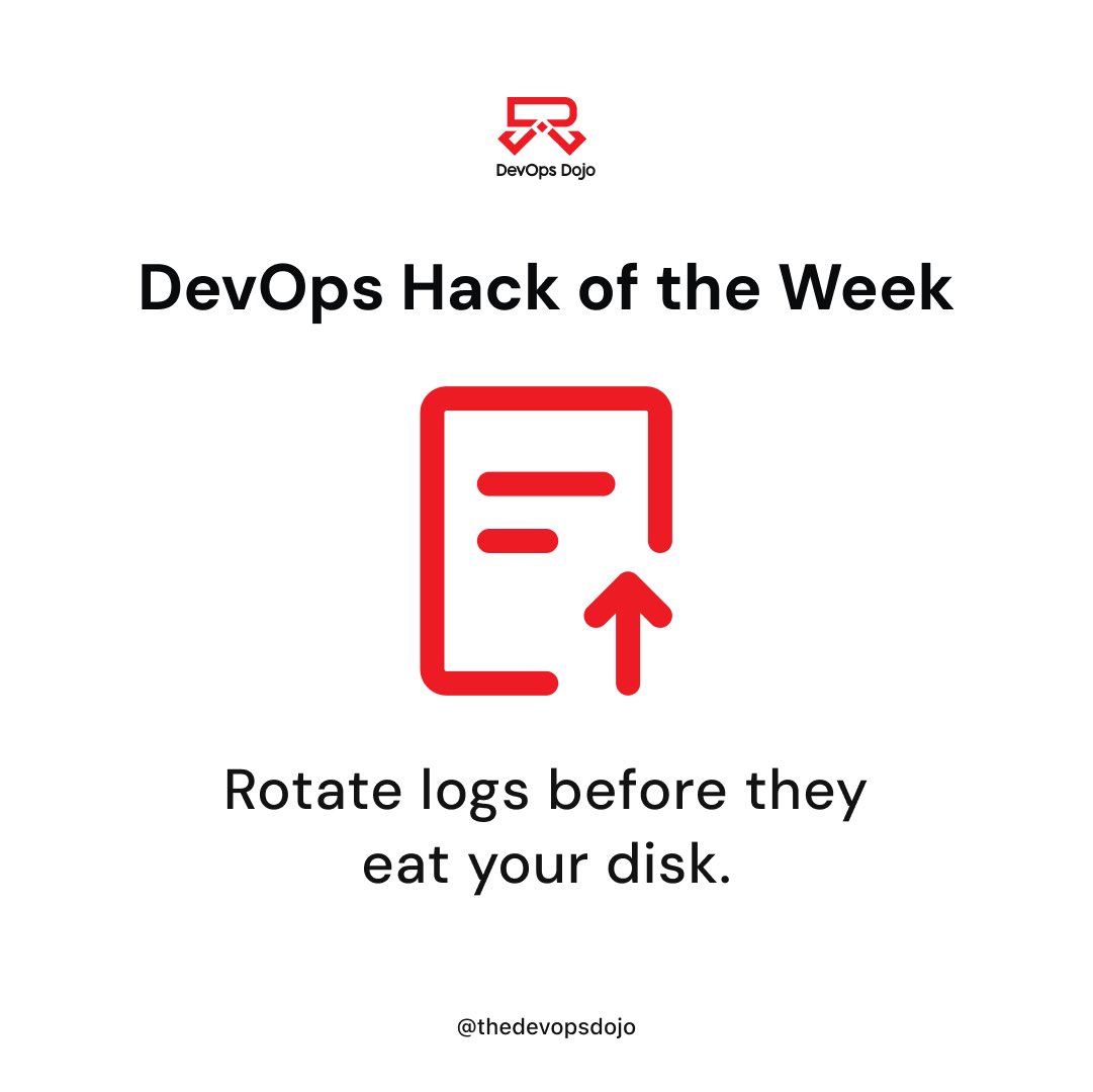 thedevopsdojo's tweet image. Don't let logs take over your storage!
Rotate them regularly and keep your system running smooth
#DevOps #LogRotation #SysAdminTips
#thedevopsdojo