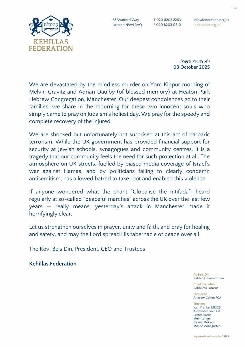 FederationUK's tweet photo. We are heartbroken by the tragic events at Heaton Park Hebrew Congregation on Yom Kippur. Below is our full statement on this senseless attack and its impact on our community. https://t.co/qmMRcgDpAf