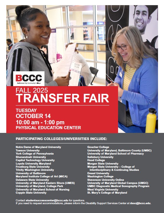 my_bccc's tweet image. BCCC&apos;s Fall 2025 Transfer Fair is October 14 from 10:00 am - 1:00 pm at the Liberty Campus PE Center. Talk with college representatives about programs, transfer requirements, and campus life. #BCCC #Fall2025TransferFair #Transfer #Transfers