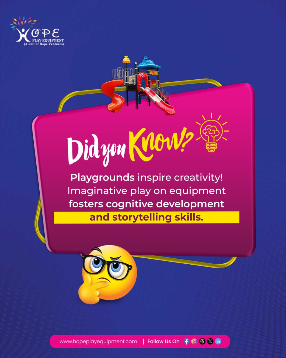 Hopeplayventure's tweet image. Engaging in imaginative play on playground equipment supports cognitive development and enhances narrative and expressive skills in children.

#HopePlayEquipment #ImaginativePlay #CognitiveGrowth #PlaygroundFun #CreativeKids #StorytellingSkills #ExpressivePlay #ChildDevelopment