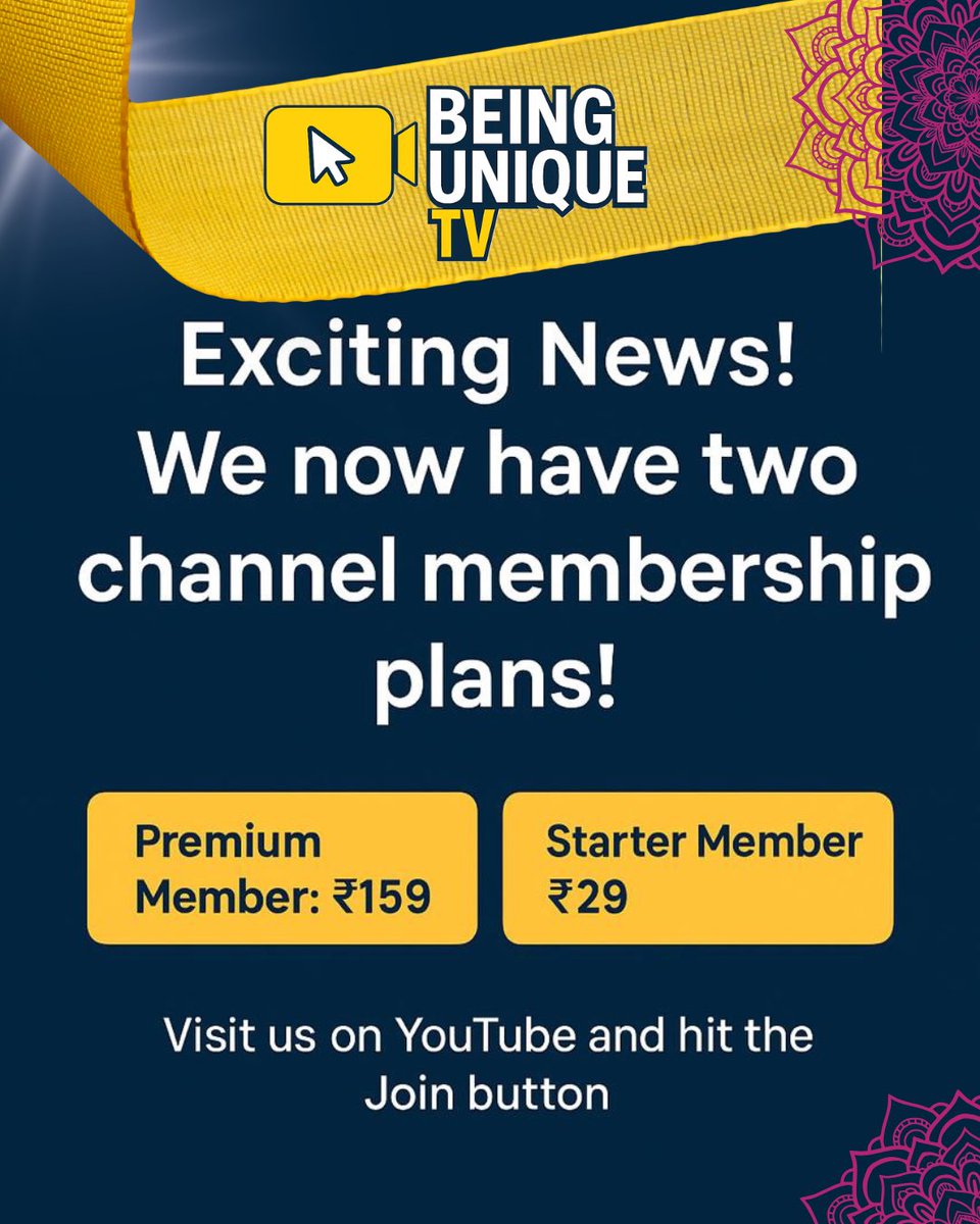 BeingUniqueTV's tweet photo. ✨ Festive Season Offer is Live! ✨
Our YouTube channel now has 2 membership plans – just ₹29 &amp; ₹159 🎉
Don’t miss out, join today and be part of our community.

👉 Click the Join button on our channel (link in bio).
Your support means a lot ❤️ #beinguniquetv #YouTube #news https://t.co/jFBp8Zcy0a