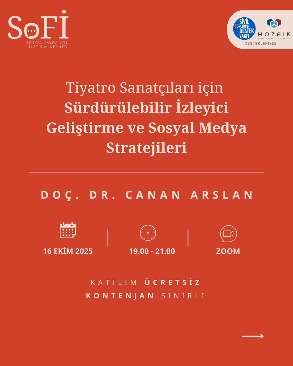 Sosyal Fayda için İletişim Derneği (@sofidernek) on Twitter photo 🎭 Tiyatro Sanatçılarına Çağrı!
Ekim'de çevrim içi atölyelerde buluşuyoruz!
✨ 13 Ekim, Behice Sayat - Marka İletişimine Giriş
👥 16 Ekim, Doç Dr. Canan Arslan - İzleyici Geliştirme ve Sosyal Medya Stratejileri
<a href="/destekvakfi/">Sivil Toplum için Destek Vakfı</a> <a href="/turkeymozaik/">Turkey Mozaik Foundation</a>
🔗 Form👇
sofi.org.tr/onlineatolye 🎭 Tiyatro Sanatçılarına Çağrı!
Ekim'de çevrim içi atölyelerde buluşuyoruz!
✨ 13 Ekim, Behice Sayat - Marka İletişimine Giriş
👥 16 Ekim, Doç Dr. Canan Arslan - İzleyici Geliştirme ve Sosyal Medya Stratejileri
<a href="/destekvakfi/">Sivil Toplum için Destek Vakfı</a> <a href="/turkeymozaik/">Turkey Mozaik Foundation</a>
🔗 Form👇
sofi.org.tr/onlineatolye