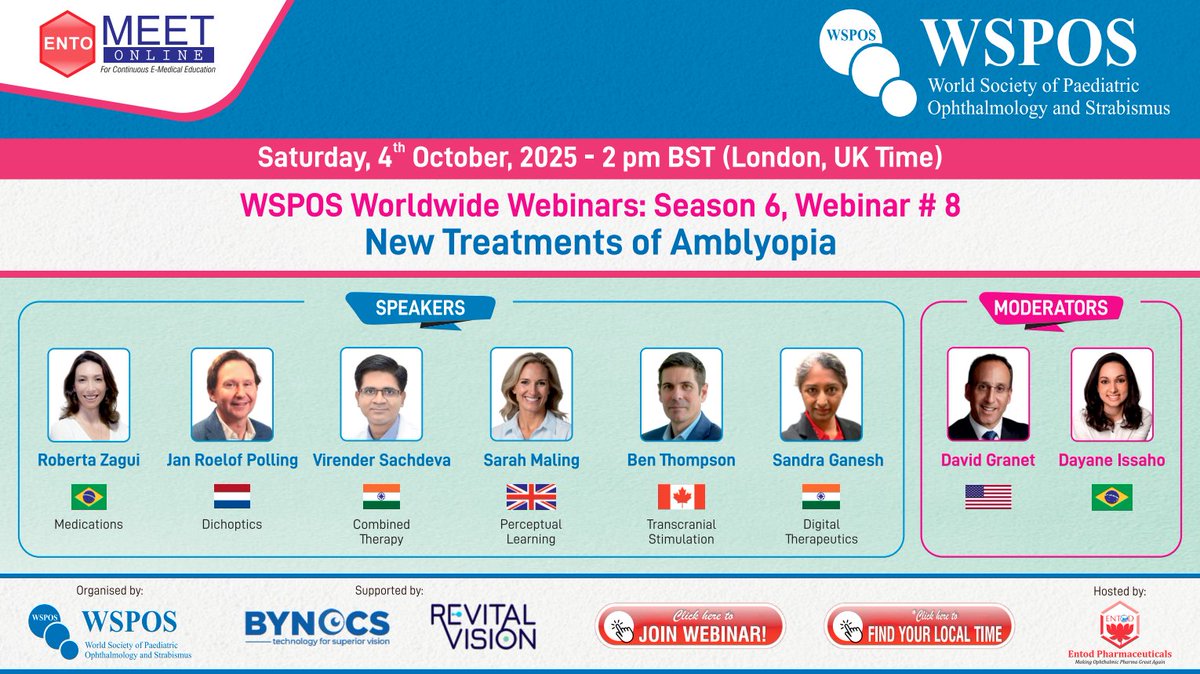 WSPOS's tweet image. ⏰ Happening tomorrow!
🌍Join the next #WSPOS Webinar – Oct 4th | 2–3:30 PM BST.
Conversations on innovative solutions for managing amblyopia and improving binocular vision outcomes. 
🔗 Register: entodpharma.livewebinarvc.com/WSPOS/041025/
🌍 Local time: bit.ly/3KC6Yv0