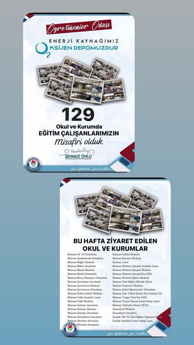 📌 Öğretmen Odaları Bizim Oksijen Depomuzdur

Eğitim-Bir-Sen Batman Şubesi olarak; öğretmen odalarında, idareci odalarında ve GİH çalışanlarımızın emek mekânlarında gönül gönüle buluşmalarımız devam ediyor.

Her ziyarette görüyoruz ki; öğretmenlerimizin dertleri ortak, sevinçleri