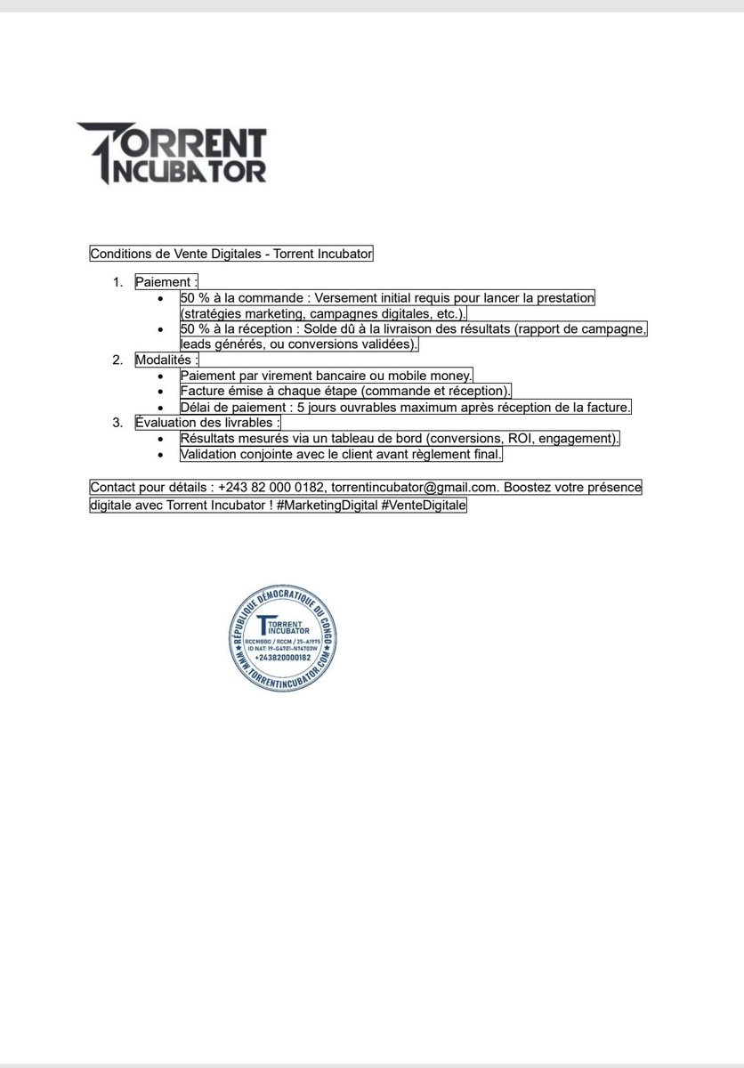 incubator243's tweet photo. [TORRENT INCUBATOR]

Conditions de vente Digital:

1. Paiement  50% à la commande,  versement initial requis pour lancer la prestation et 50% à la réception.
Contact : +243820000182/ torrentincubator@gmail.com

@georges_kakule @SergioMayamba @melaniejoly https://t.co/TSU2yPSWWc