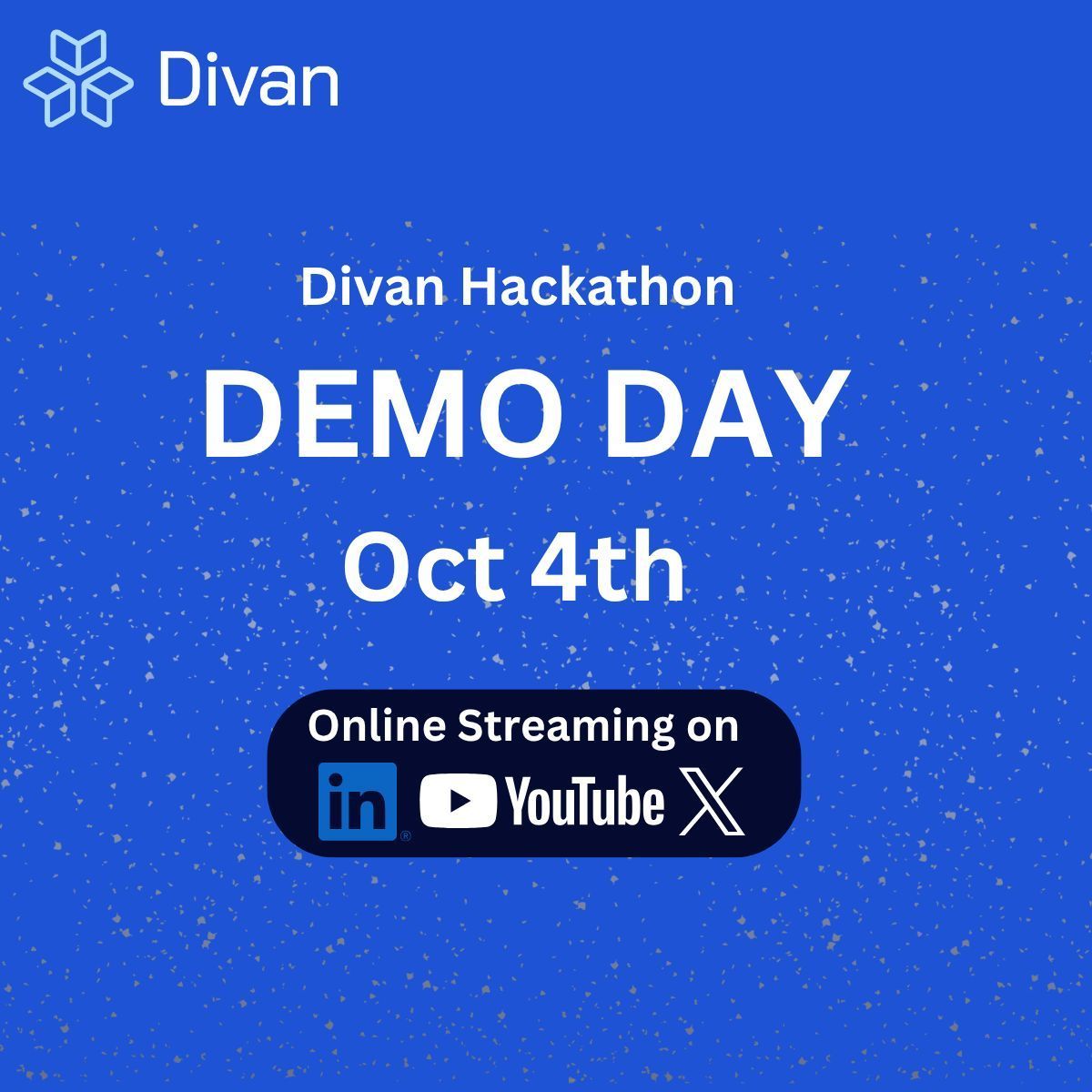 divanacademy's tweet photo. 🌟 Divan Hackathon Demo Day is this Saturday, October 4th!
🎤 Top 12 teams pitch live
💡 Demos & Q&A
📊 2 panels:
1️⃣ AI Teammates
2️⃣ GTM Engineering
✨ Streaming the panels live on LinkedIn, X & YouTube
https://t.co/XYE4TDZMiT
#DivanHackathon https://t.co/rmCnIihk0L