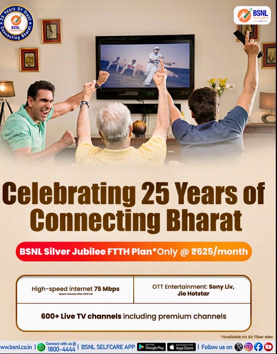 ✨ Celebrating 25 Years of Trust &amp; Connectivity!
Get BSNL FTTH Plan at just ₹625/month 
75 Mbps High-Speed Internet
600+ Live TV Channels
OTT: Sony Liv &amp; Jio Hotstar

Upgrade your digital experience with BSNL FTTH! 

#BSNL #SilverJubilee #ConnectingBharat #BSNLFTTH