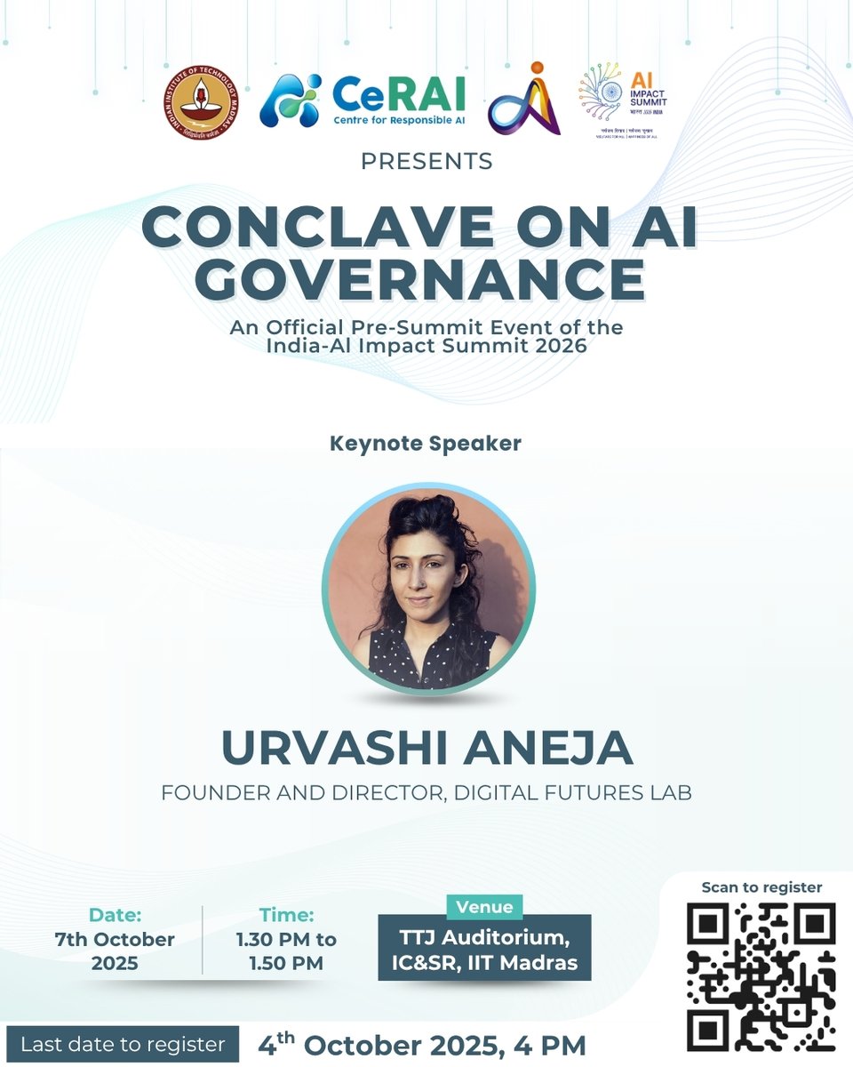 Wadhwani School of Data Science & AI (WSAI), IITM (@wsai_iitm) on Twitter photo 📢 Keynote Speaker Spotlight | Conclave on AI Governance by WSAI & CeRAI 
Introducing our Keynote Speaker, Ms. Urvashi Aneja (<a href="/urvashi_aneja/">Urvashi Aneja</a>), Founder and Director, Digital Futures Lab (<a href="/DigiFuturesLab/">Digital Futures Lab</a>), an independent, interdisciplinary research studio that studies the 📢 Keynote Speaker Spotlight | Conclave on AI Governance by WSAI & CeRAI 
Introducing our Keynote Speaker, Ms. Urvashi Aneja (<a href="/urvashi_aneja/">Urvashi Aneja</a>), Founder and Director, Digital Futures Lab (<a href="/DigiFuturesLab/">Digital Futures Lab</a>), an independent, interdisciplinary research studio that studies the