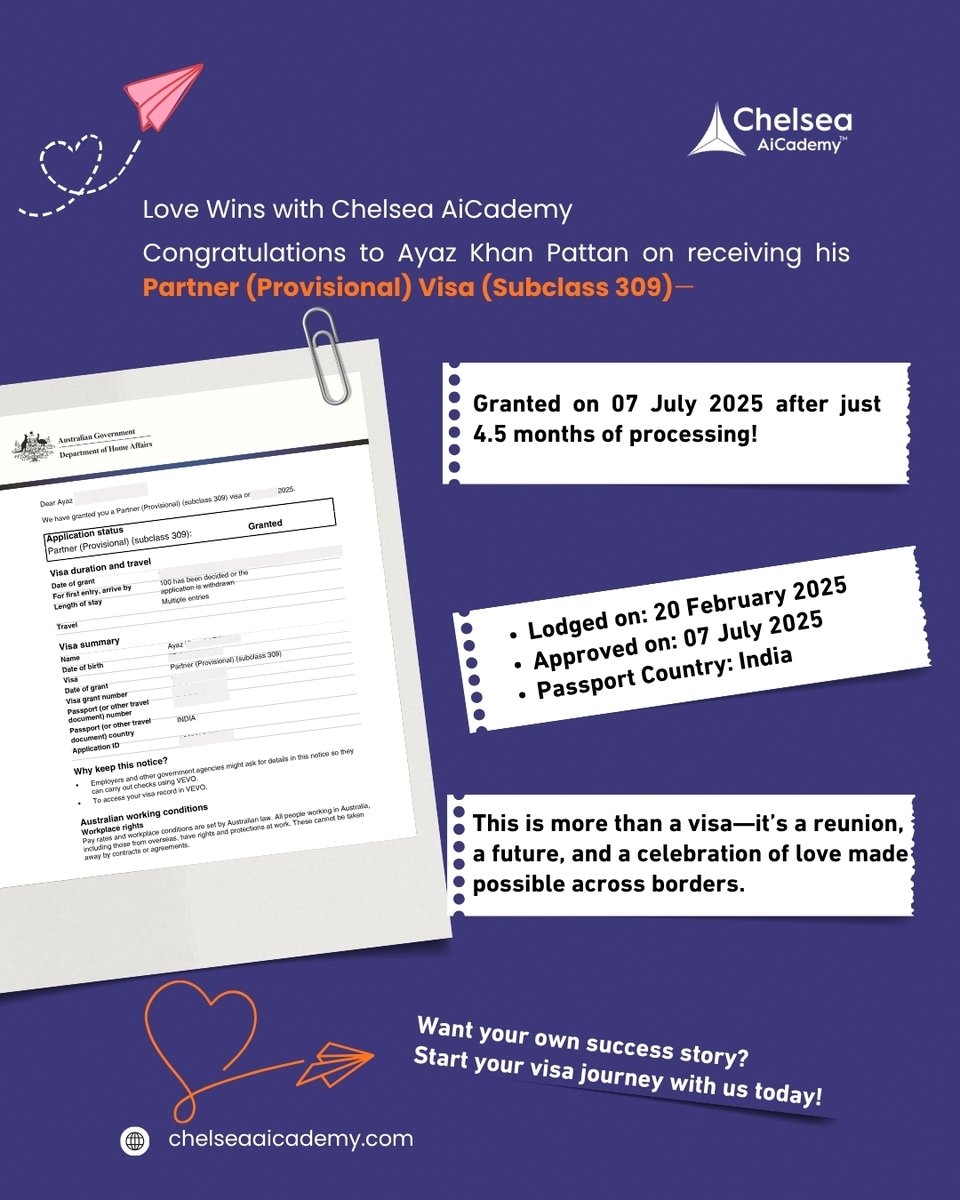 chelseaaicademy's tweet image. Visa Granted – Partner (Provisional) Visa (Subclass 309)

📌 Applied On: 20 February 2025

📌 Granted On: 07 July 2025

📌 Passport Country: India

📩 DM us now or tap the link

🔗 chelseaaicademy.com | zurl.co/TO5L

#VisaGranted #Subclass309 #PartnerVisa