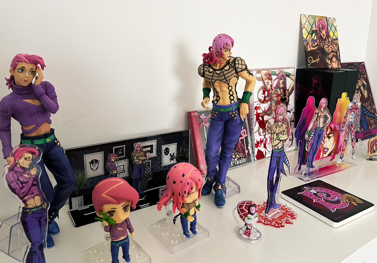 ok nvm im reorganizing everything think it should go like

1-2 shelves : anime diadop
3: manga diadop
4: doujinshis + blurays 
5: dio and giorno
6: other chars

badges in boxes, cards in binders, towels/handkerchiefs in another box