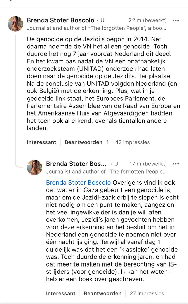 Als je feiten checkt en zaken met elkaar vergelijkt, dan graag wat genuanceerder, <a href="/boos/">#BOOS</a>. 7 jaar duurde het voordat de jezidi-genocide werd erkend, terwijl het al vanaf dag 1 duidelijk was dat het een genocide was. En pas na onderzoek van UNITAD (ter plaatse).