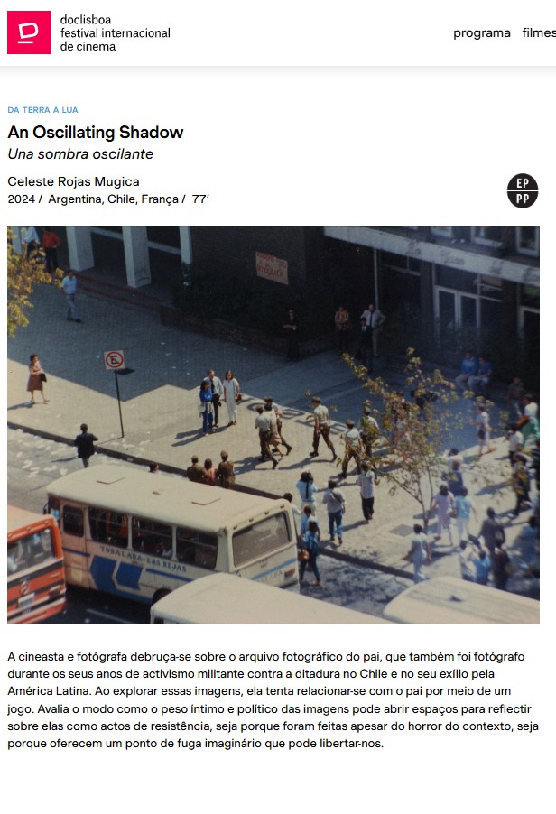 💌Comparte Invitación: 
XXIII Festival Internacional de Cinema DOCLISBOA 25 entre 16y26 de octubre 
 Participan Documentales Chilenos en Competencia: "Carta a mis padres muertos"de Ignacio Aguero y "Sombra Oscilante"de Celeste Rojas
 Toda la info: doclisboa.org 
🇨🇱 📽️🇵🇹