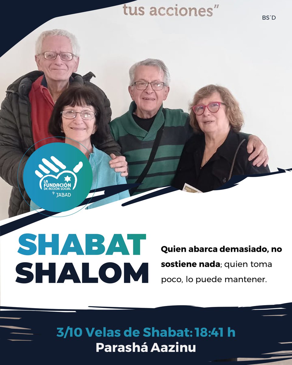 ¡Shabat Shalom!

🕯️ Horarios de Shabat
 👉 Encendido de velas: viernes 18:41 h
 👉 Fin de Shabat: sábado 19:37 h

#ShabatShalom