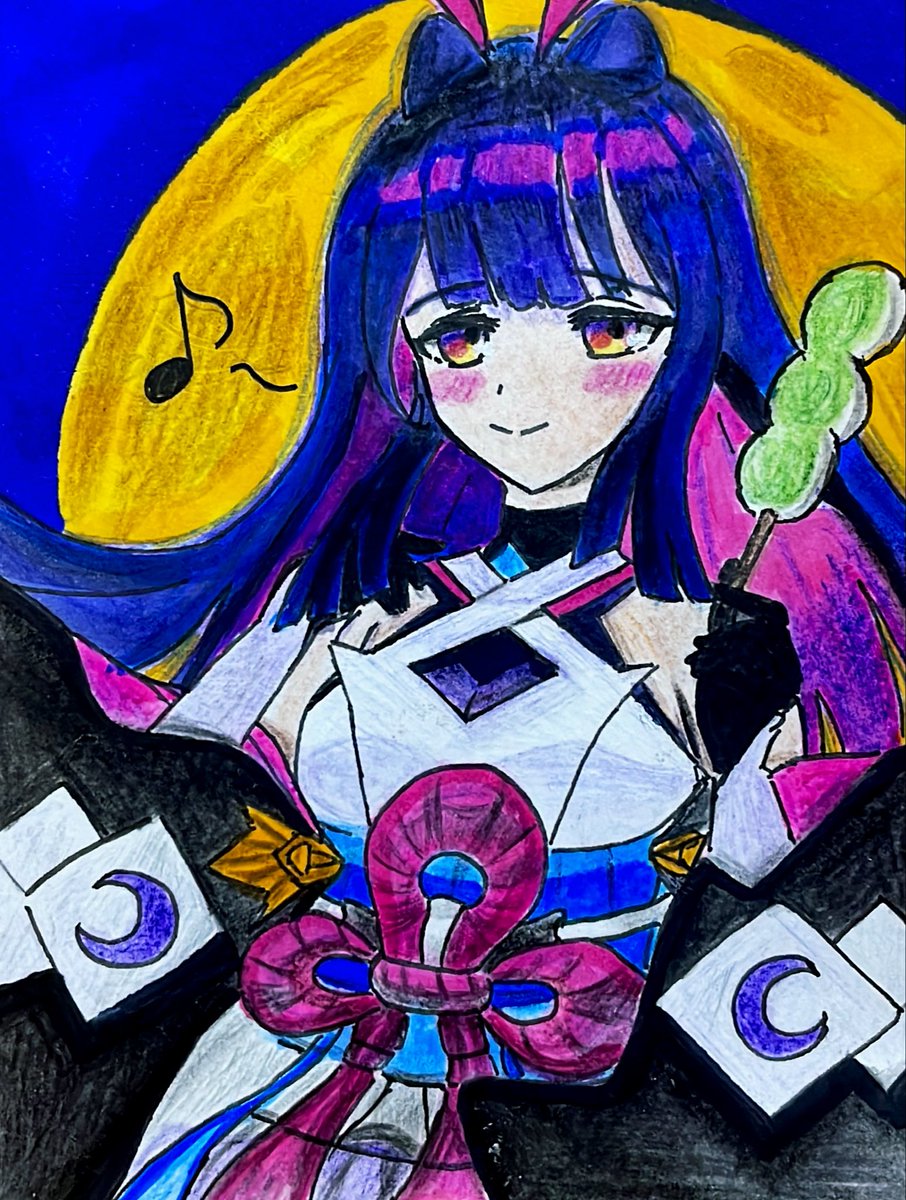 【宮城県】
宮城県のお月見と言ったらずんだです☺️
(スーパーに売ってます)
今回はずんだ団子を持ってウキウキなツクヨミちゃんを描きました！！！
ぜひ宮城に来たら食べてみてくださいね😉
 #オセロニアート 
 #ご当地オセロニアート
 #オセロニア