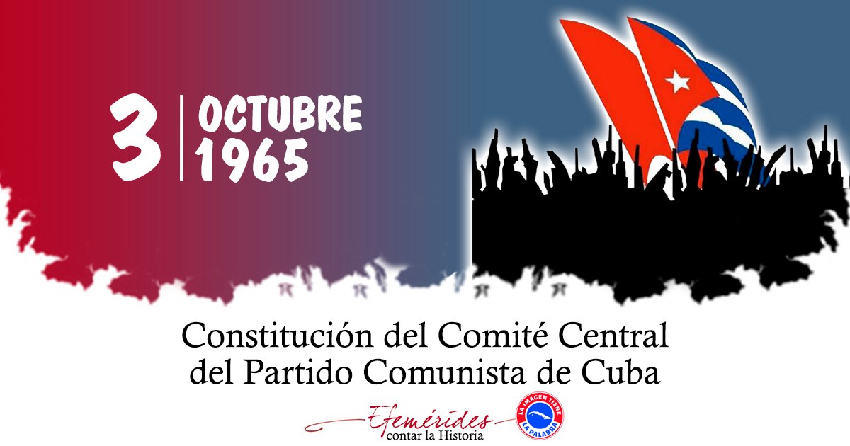 Jorge Madrigal (@jorgemadrigald) on Twitter photo El 3 de octubre de 1965, nuestro Comandante en Jefe Fidel Castro Ruz informa al pueblo de #Cuba que el Partido Unido de la Revolución Socialista adopta el nombre de Partido Comunista de Cuba. #CubaEstáFirme #CiegodeAvila <a href="/DeZurdaTeam_/">DeZurdaTeam 📳</a> <a href="/DiazCanelB/">Miguel Díaz-Canel Bermúdez</a> <a href="/JHGcasanova/">julio Heriberto Gómez Casanova</a> El 3 de octubre de 1965, nuestro Comandante en Jefe Fidel Castro Ruz informa al pueblo de #Cuba que el Partido Unido de la Revolución Socialista adopta el nombre de Partido Comunista de Cuba. #CubaEstáFirme #CiegodeAvila <a href="/DeZurdaTeam_/">DeZurdaTeam 📳</a> <a href="/DiazCanelB/">Miguel Díaz-Canel Bermúdez</a> <a href="/JHGcasanova/">julio Heriberto Gómez Casanova</a>