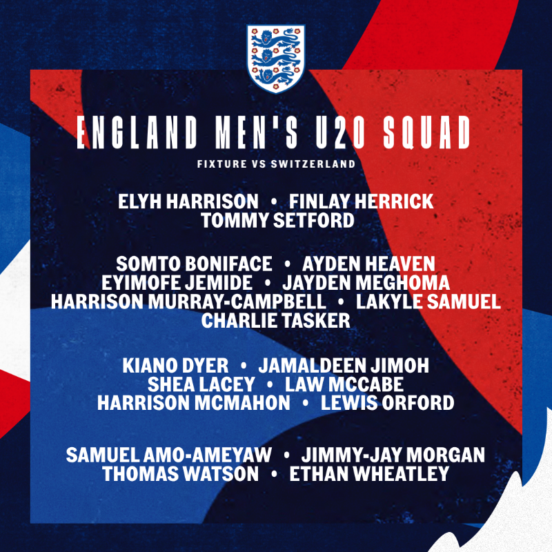 England's tweet photo. Our U20 #YoungLions squad to face Switzerland 👇