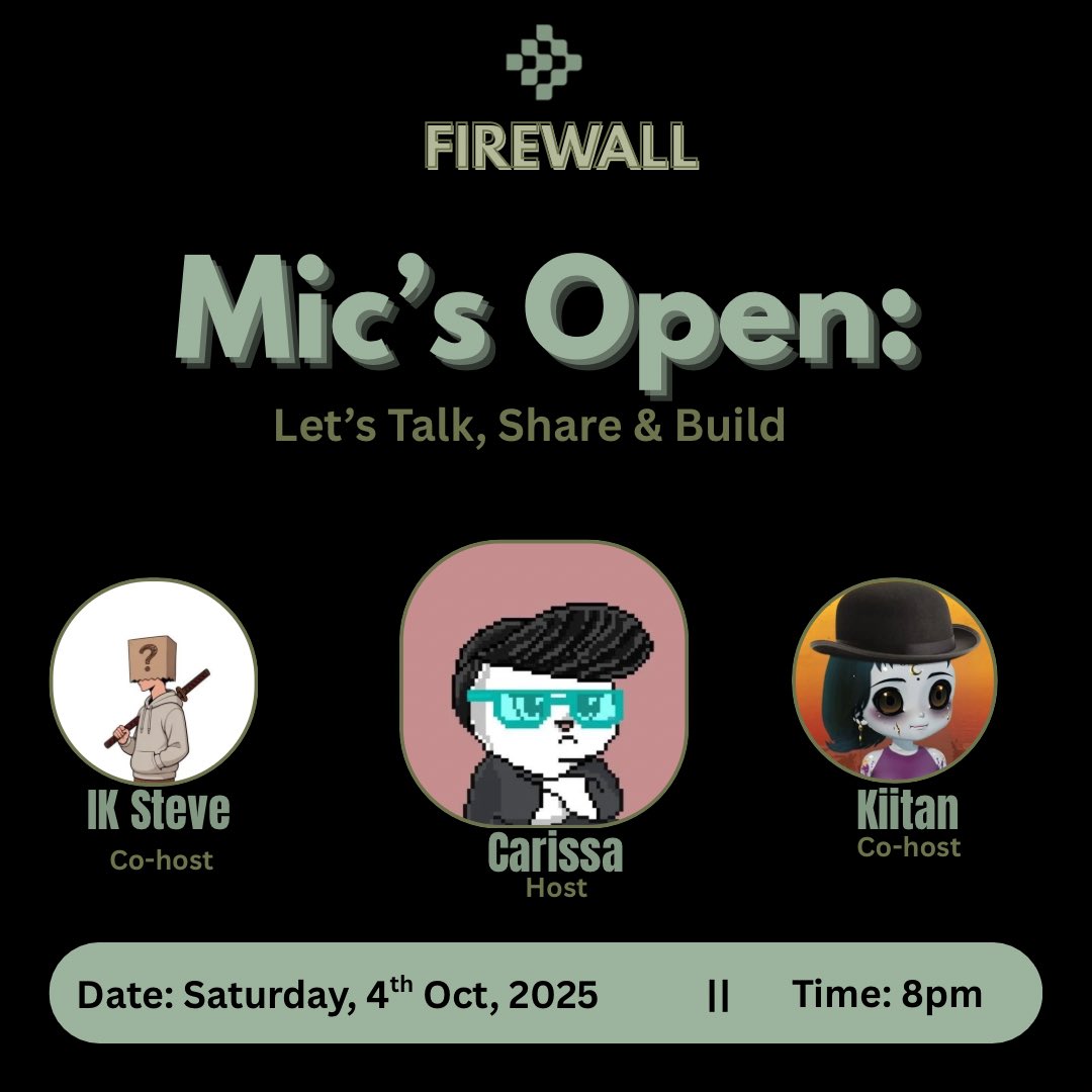 Web3Blush's tweet image. We’re back for Week 2 of our X Space series on @UseFirewall after an amazing turnout last week with 420+ listeners.

We go again this week.

Date: TOMORROW!!!

Time: 8PM.

Co-hosting with me:

~ @Creek1606 

~ @IkSteve1 

It’s an open floor. Your thoughts, questions, and…